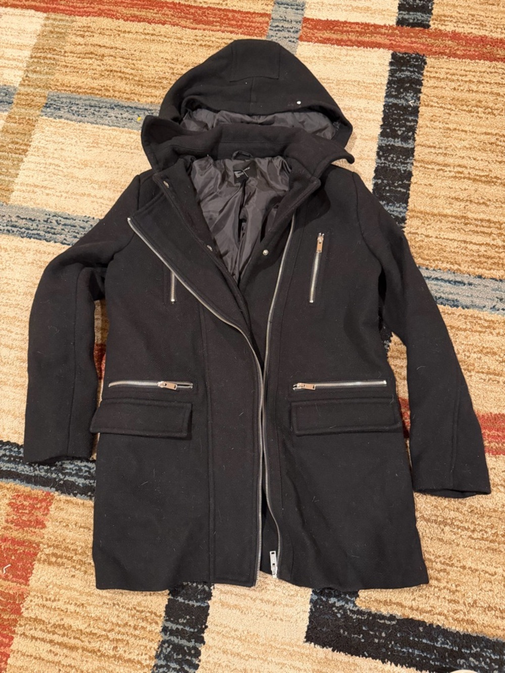 Forever 21 Black Hooded Pea Coat with Zippers - Picture 1 of 4